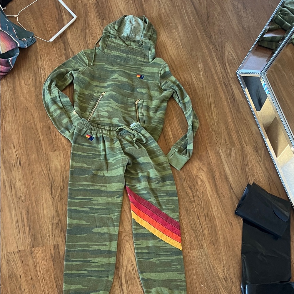 Aviator Nation Camouflage Hoodie and Joggers  Xs Set with Rainbow Stripe